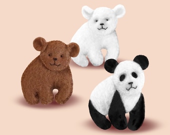 Easy Felt Sewing kit to sew bear brooches - all materials & full size pattern to sew hand sew a Panda, Polar Bear and Brown Bear brooches