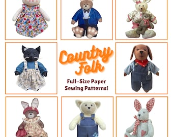 Teddy Bear Toy Sewing Pattern with Clothes - Dog, Cat, Sheep, Pig & Bunny Rabbit Animal Patterns - Full Size Paper Pattern + Instructions