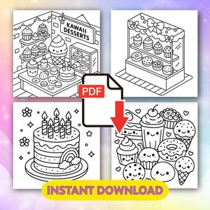 以下が含まれることがあります： カップケーキ、ケーキ、ドーナツ、アイスクリームコーンなど、かわいいデザートの白黒イラスト。画像は塗り絵のスタイルで、「KAWAII DESSERTS」と「INSTANT DOWNLOAD」の文字が入っています。赤い矢印が付いたPDFアイコンも表示されています。