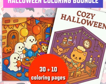 Halloween Kawaii Coloring Bundle – 40 Kawaii Coloring Pages for Kids | Ghosts, Kittens, Pumpkins, and Witches | Printable PDF