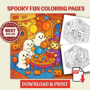 Può includere: Illustrazione a tema Halloween con il testo "Spooky Fun Coloring Pages". L'immagine presenta fantasmi, zucche, palloncini e una strega. Vengono mostrate anche due pagine da colorare in bianco e nero. Le parole "Download & Print" sono visualizzate.
