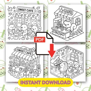 May include: Black and white line art illustrations of cafe scenes with animals. The images include a bunny, bear, fox, and squirrel enjoying coffee and pastries. Text includes "SWEET CAFE" and "CAFE". The words "INSTANT DOWNLOAD" are also visible.