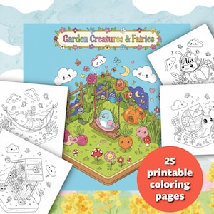 Può includere: Un set di 25 pagine da colorare stampabili con creature e fate del giardino. La copertina mostra una scena di giardino stravagante con un uccello su un'altalena. Sono visibili pagine aggiuntive con varie illustrazioni, tutte in bianco e nero.