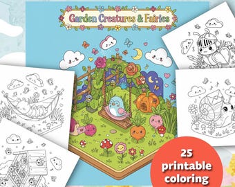 Magical Garden Coloring Book for Kids, 25 Fairy and Bug Coloring Pages, Cute Nature Activity, Spring Printables PDF
