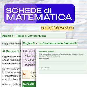 Puede incluir: Una colección de hojas de trabajo educativas de matemáticas para estudiantes de cuarto grado, con un encabezado azul con el texto SCHEDE di MATEMATICA per la 4 elementare, que incluye páginas sobre comprensión lectora, fórmulas geométricas y problemas.