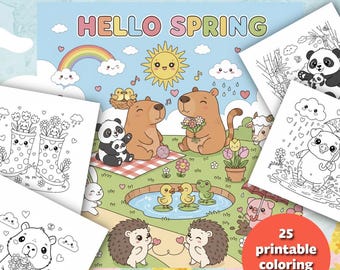 Kawaii Spring Coloring Book for Kids, 25 Cute Springtime Coloring Pages, Toddler & Preschool Activity, Instant Digital Download PDF