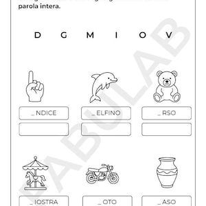 Op de afbeelding: Zwart-wit werkblad met Italiaanse tekst. Het werkblad bevat illustraties van een vinger, een dolfijn, een teddybeer, een carrousel, een motorfiets en een vaas. De tekst vraagt de gebruiker om letters te verbinden met de juiste tekeningen.
