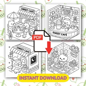 May include: A black and white PDF download featuring four coloring pages with a sweet cafe theme. Each page depicts cartoon animals in cafe settings, with text that reads "SWEET CAFE" and "INSTANT DOWNLOAD".