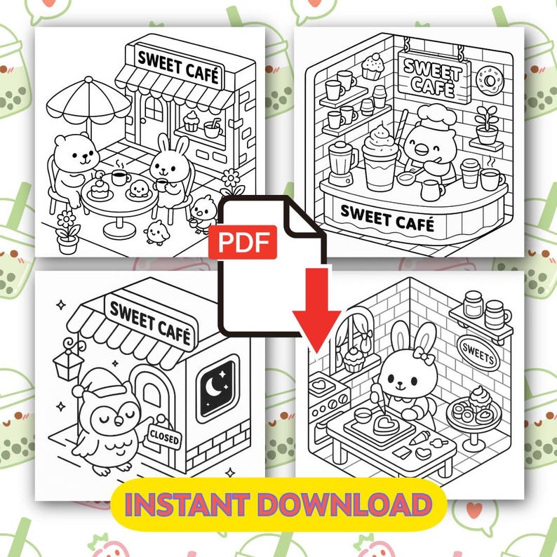 May include: A black and white PDF download featuring four coloring pages with a sweet cafe theme. Each page depicts cartoon animals in cafe settings, with text that reads "SWEET CAFE" and "INSTANT DOWNLOAD".