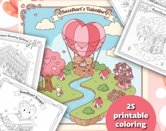 Kawaii Sweetheart Adventure Coloring Book - 25 Isometric Valentine’s Day Coloring Pages - Cute Digital Download PDF