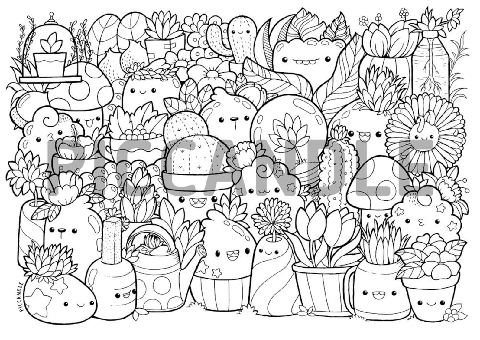 Plants Doodle Coloring Page Printable Cute/Kawaii Coloring | Etsy