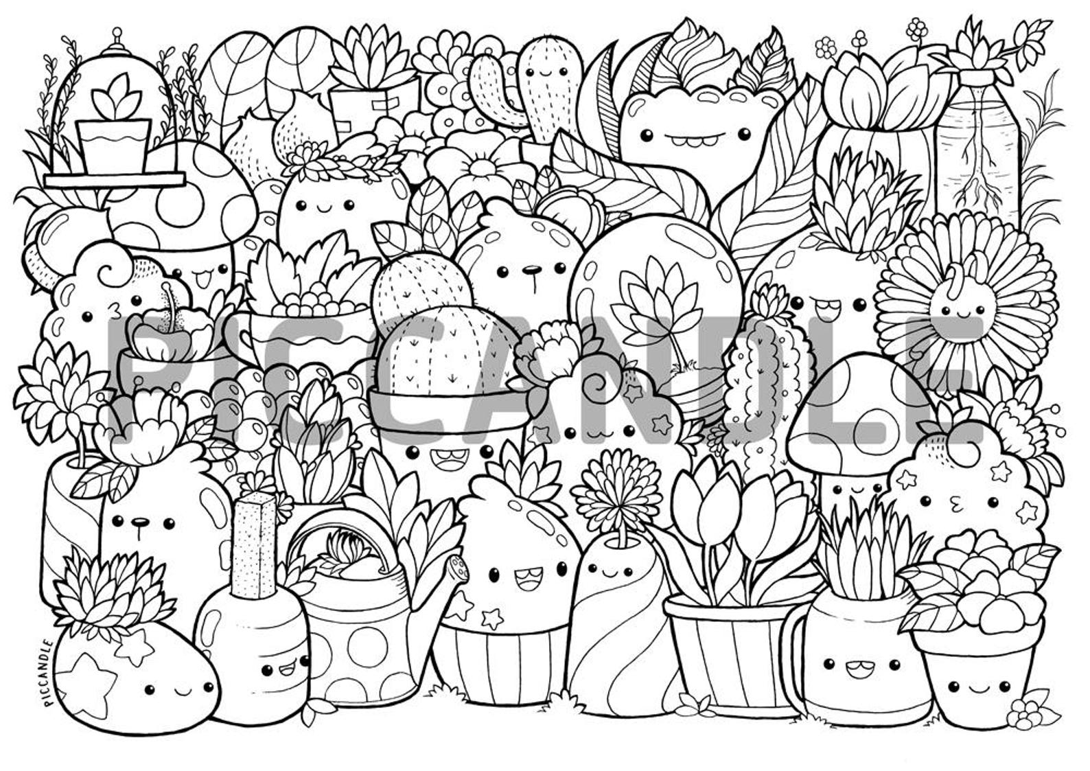 Plants Doodle Coloring Page Printable Cute/Kawaii Coloring | Etsy