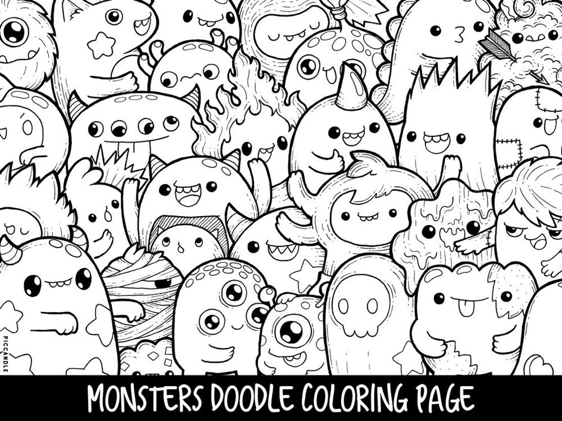 Monsters Doodle Coloring Page Printable Cute/Kawaii Coloring | Etsy