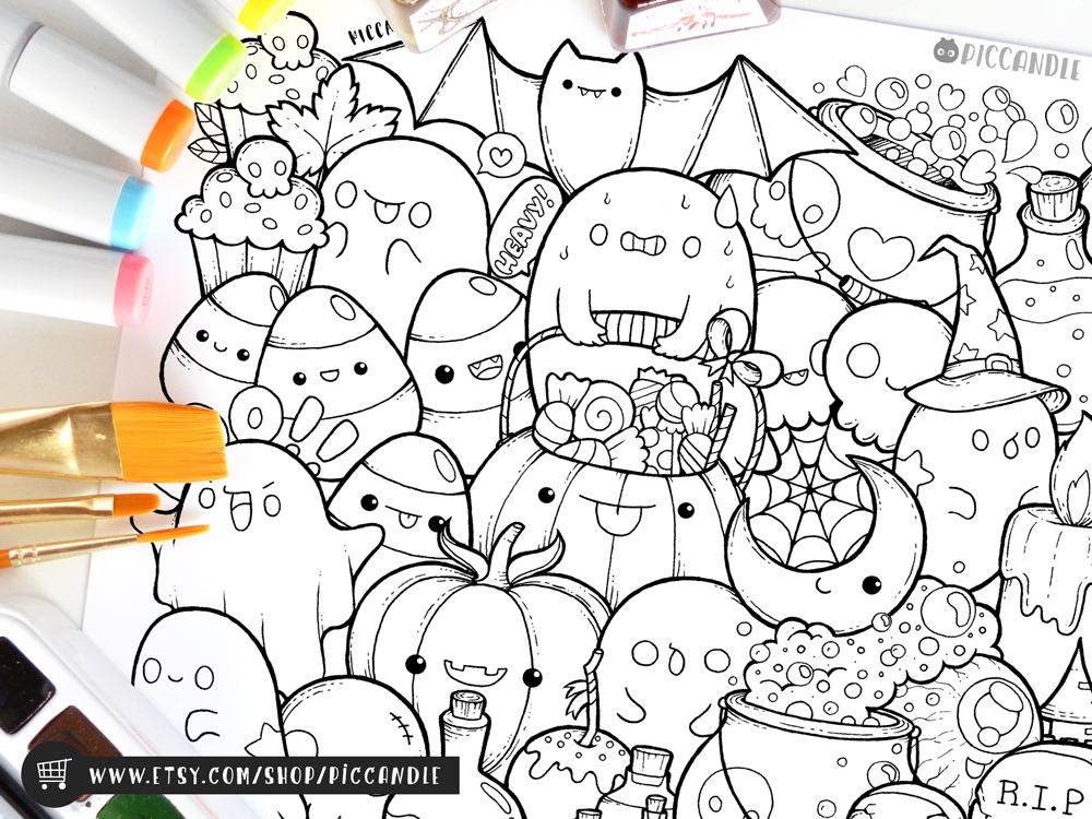 Halloween Doodle Coloring Page Printable Cute/Kawaii | Etsy