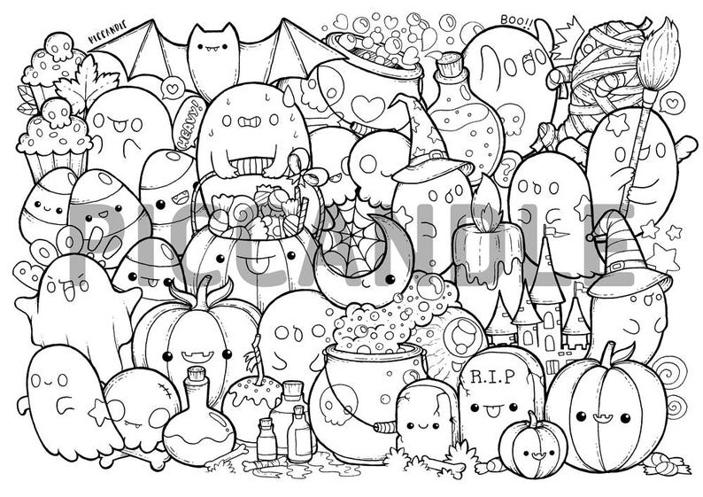 Halloween Doodle Coloring Page Printable Cute/Kawaii | Etsy