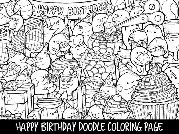 Happy Birthday Doodle Coloring Page Printable Cute Kawaii Etsy