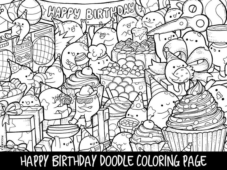 Happy Birthday Doodle Coloring Page Printable Cute/Kawaii ...