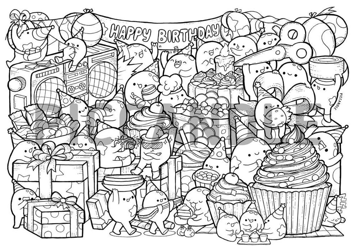 Happy Birthday Doodle Coloring Page Printable Cute/Kawaii | Etsy