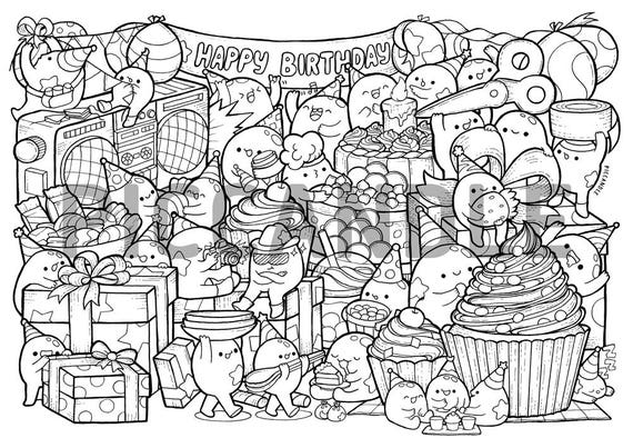 Download Happy Birthday Doodle Coloring Page Printable Cute/Kawaii