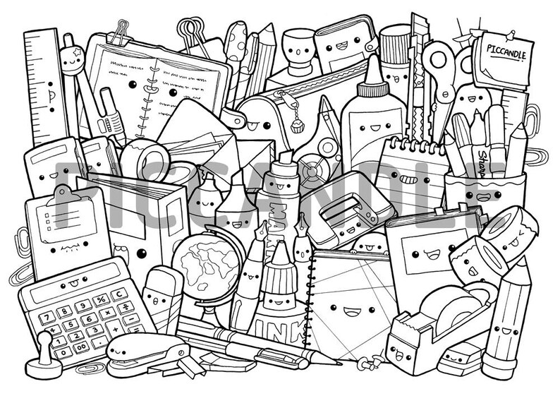 stationery doodle coloring page printable cutekawaii etsy