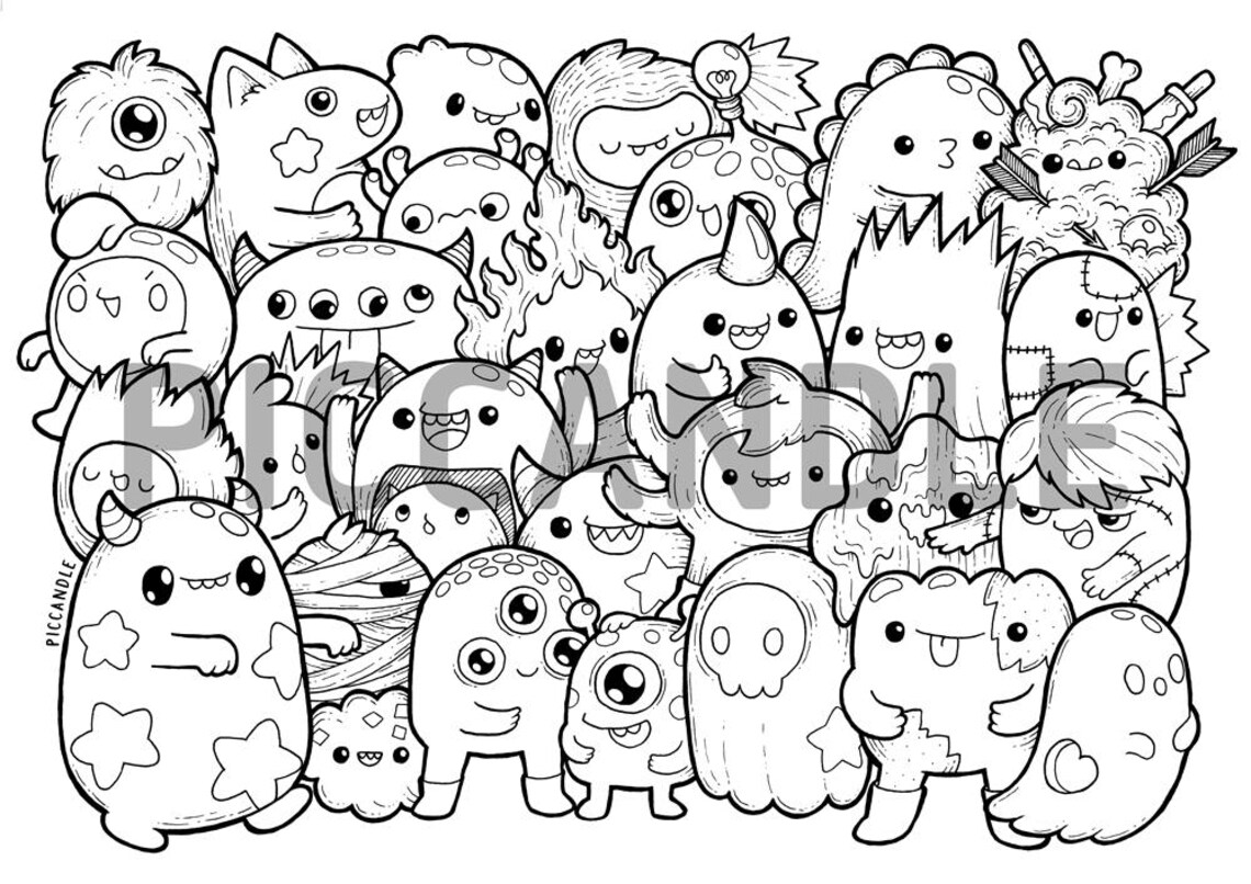Monsters Doodle Coloring Page Printable Cute/Kawaii Coloring | Etsy