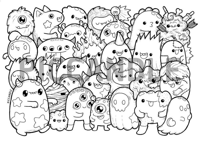 Monsters Doodle Coloring Page Printable Cute/Kawaii Coloring | Etsy