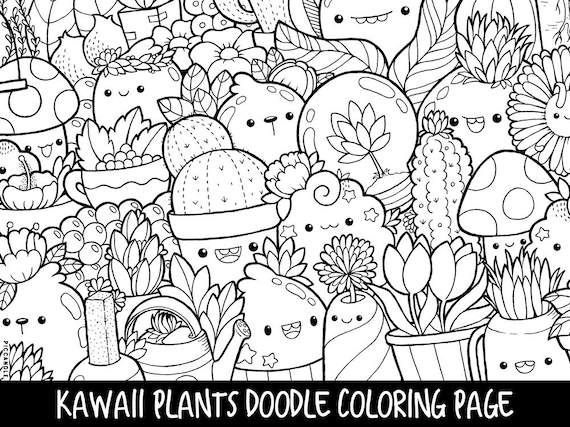 Plants Doodle Coloring Page Printable Cute Kawaii Coloring Etsy