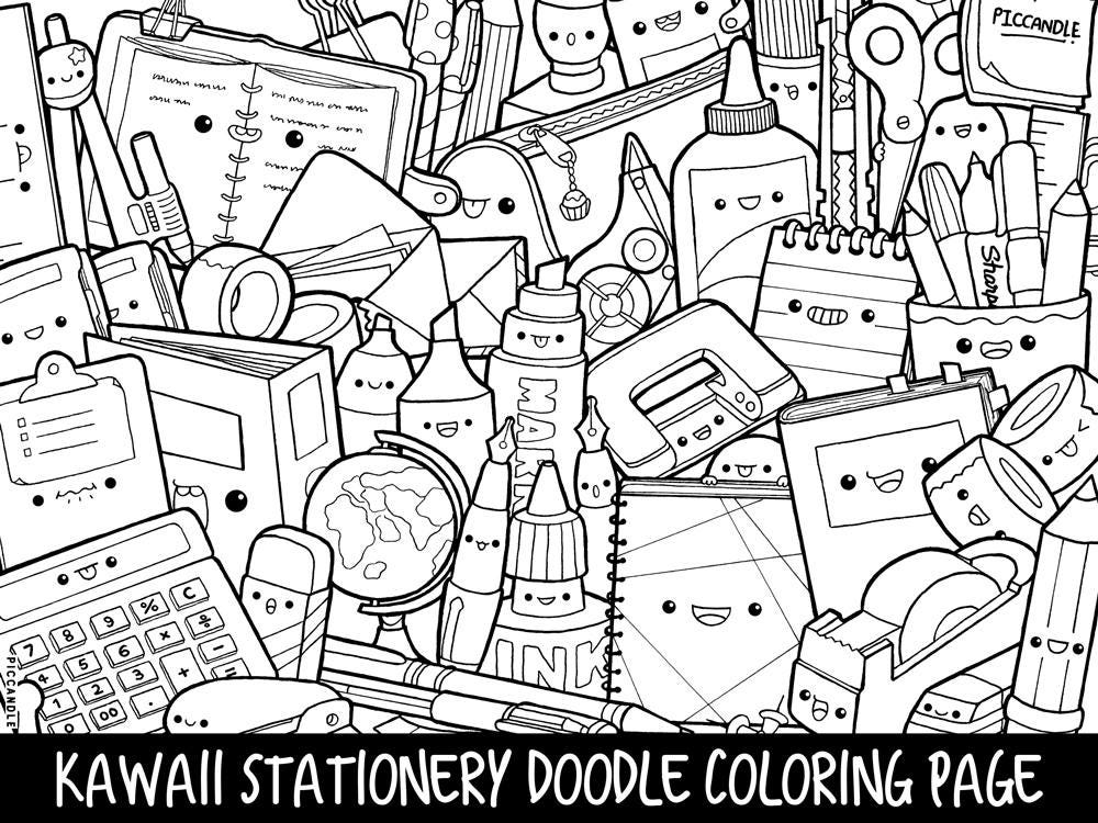 Stationery Doodle Coloring Page Printable Cute Kawaii Etsy