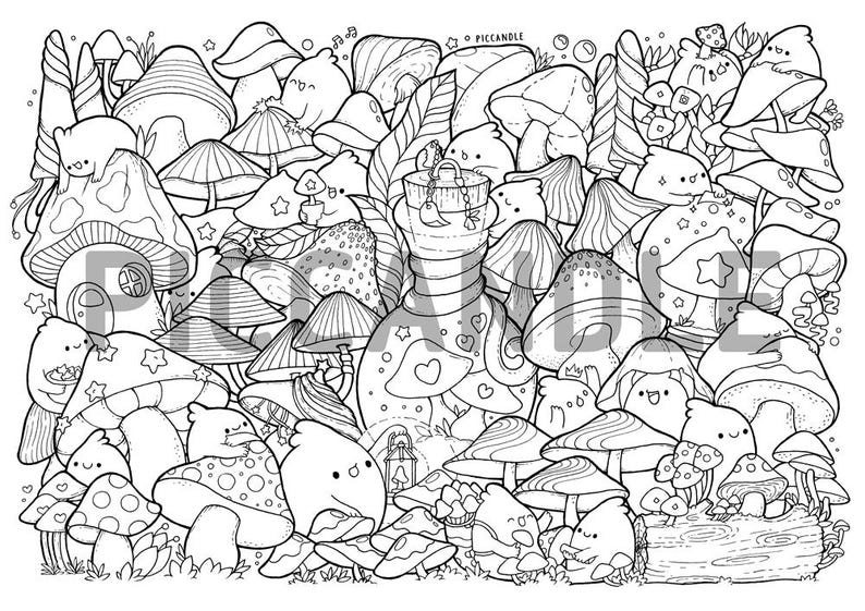 Download Mushrooms Doodle Coloring Page Printable Cute/Kawaii | Etsy