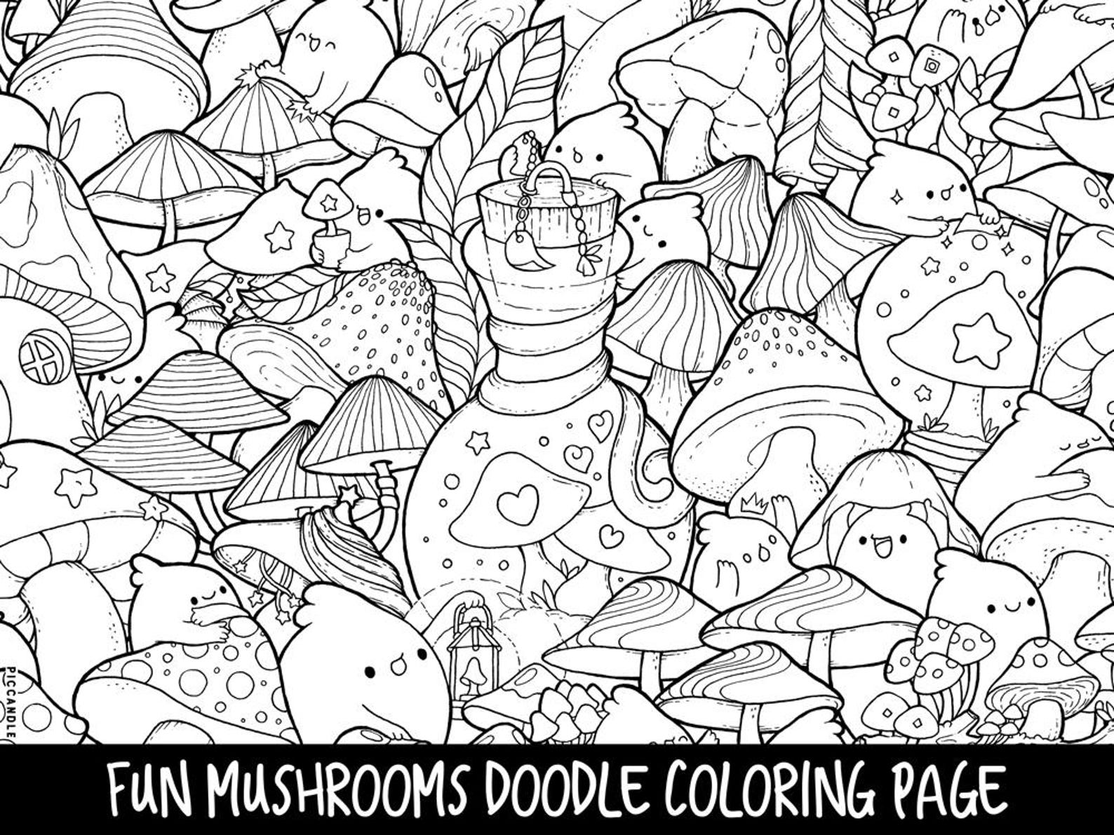 Mushrooms Doodle Coloring Page Printable Cute/Kawaii | Etsy