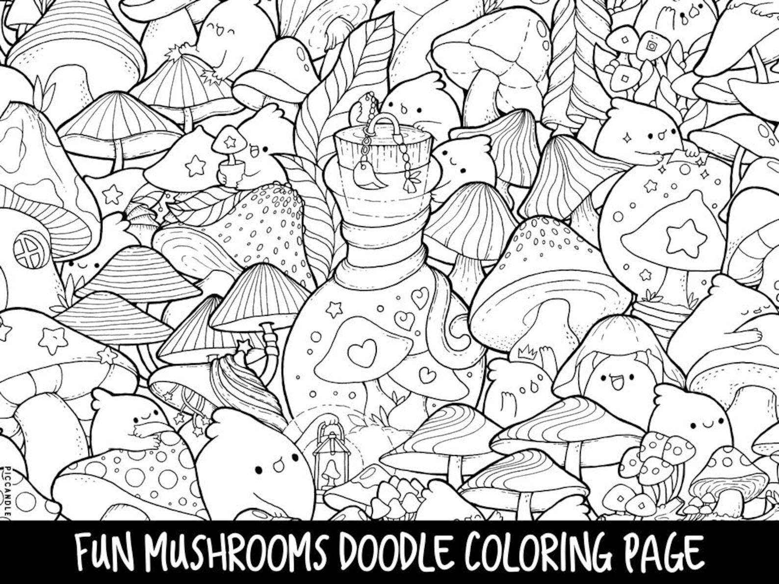 Mushrooms Doodle Coloring Page Printable Cute/Kawaii | Etsy