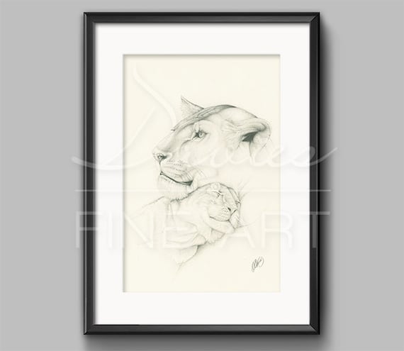 Unconditional Love Mother And Her Cub Pencil Artwork Print Lioness Wall Art Lion Cub Pencil Drawing Lioness Giclee Print