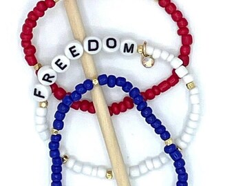 Red White and Blue, Freedom, Stretchy Bracelet Stack Set, patriotic