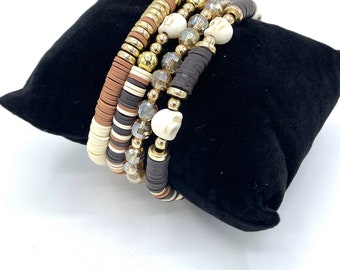 Heishi Bead Stack Bracelet | Porcelain Skull Accent