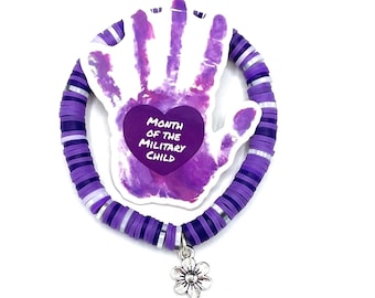 Military Child Bracelet & Stickers: Purple Up, Silver Flower Charm