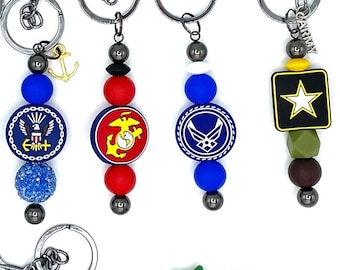 Military Branch Beaded Keychain, Silicone & Sea Glass