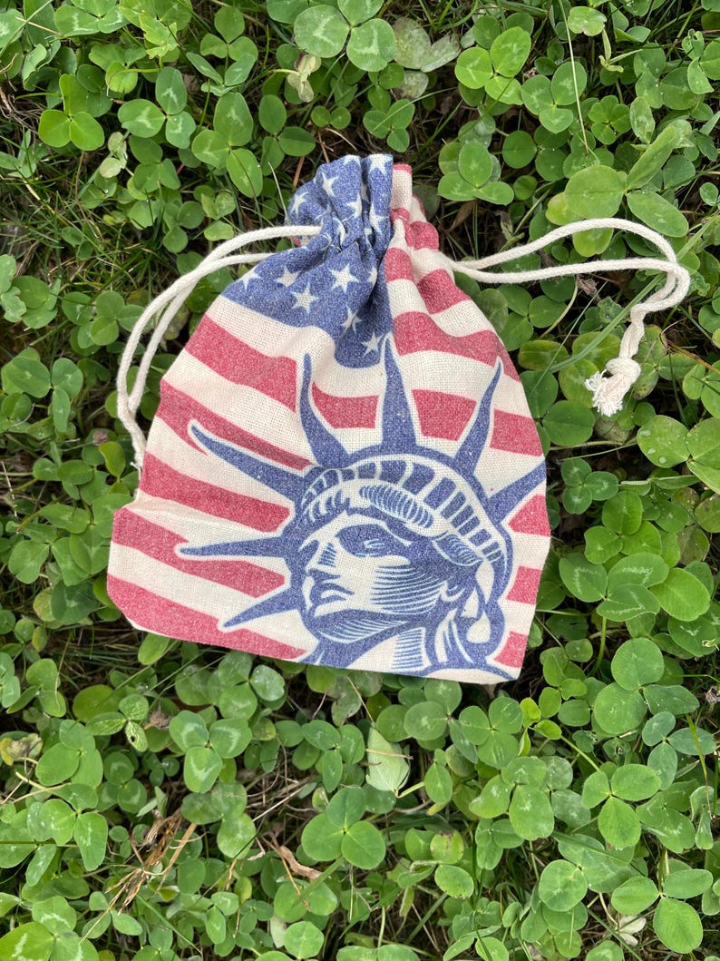May include: A small drawstring bag made of fabric with a red, white, and blue American flag design. The bag features a blue silhouette of the Statue of Liberty.