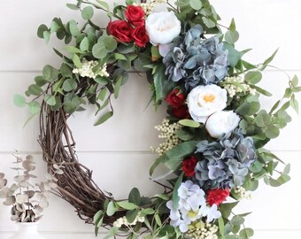 4th of July Wreath | Patriotic Farmhouse Hydrangea Wreath, Americana Front Door Decor, Red White and Blue, Summer Floral