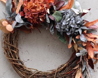 Modern Fall Wreath | Artificial Dried Hydrangea, Terracotta and Dusty Blue Front Door Decor, Boho Rustic Home Gift