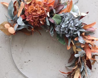 Minimalist Fall Hydrangea Wreath, Terracotta & Dusty Blue Autumn Wall Hanging, Moody Boho Hoop, Unique Gift