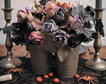 Gothic Arrangement in Rustic Metal Planter | Moody Halloween Centerpiece, Dark Autumn Decor with Faux Purple & Mauve Roses