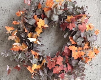 Fall Wreath with Eucalyptus & Maple Leaves, Rustic Front Door Decor, Thanksgiving Hostess Gift, Modern Farmhouse Wall Art