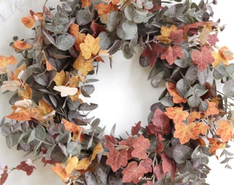 Handmade Autumn Eucalyptus Maple Wreath, Farmhouse Fall Thanksgiving Decor, Harvest Entryway