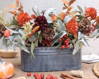 Autumn Centerpiece for Thanksgiving Dining Table | Rustic Farmhouse Fall Floral Arrangement in Galvanized Metal, Burgundy & Orange Mums