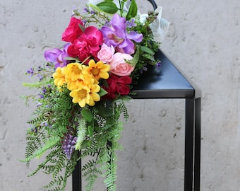 Summer Floral Swag | Artificial Lantern Swag with Ribbon, Wedding Aisle Marker, Yellow Fuchsia Boho Chair Decor (LANTERN NOT INCLUDED)