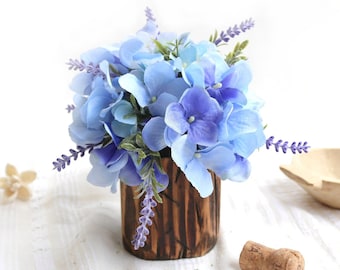 Blue Hydrangea Arrangement: Rustic Wooden Planter Centerpiece, Artificial Small Bouquet, Country Table Summer Wedding Decor