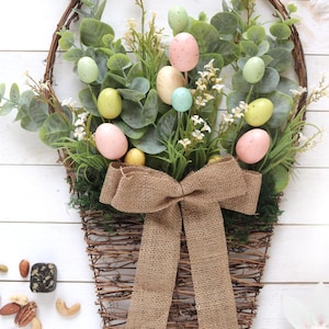Easter Basket Wreath: Handcrafted Artificial Rustic Primitive Flat Thin Basket Decor Wall Hanging Pastel Easter Eggs Eucalyptus Home Gift
