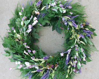 Purple Wildflower Wreath for Front Door | Summer Lavender Faux Floral Wreath, Farmhouse Porch Decor, Year Round Greenery