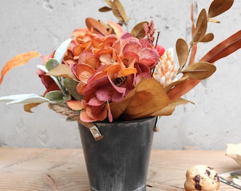 Fall Hydrangea Arrangement in Metal Bucket | Rustic Autumn Small Centerpiece, Burnt Orange Farmhouse Table Decor, Thanksgiving Shelf Sitter