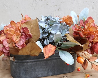 Rustic Fall Centerpiece for Dining Table | Faux Hydrangea Arrangement in Galvanized Planter, Rust & Blue Autumn Farmhouse Decor